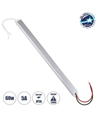 GLOBOSTAR® LUMISLIM 73024 Τροφοδοτικό-Μετασχηματιστής PELV 60W 5A DC 12V IP20 - AC 220-240V σε DC 12V - Μ31 x Π1.8 x Υ1.8cm - 3 Χρόνια Εγγύηση